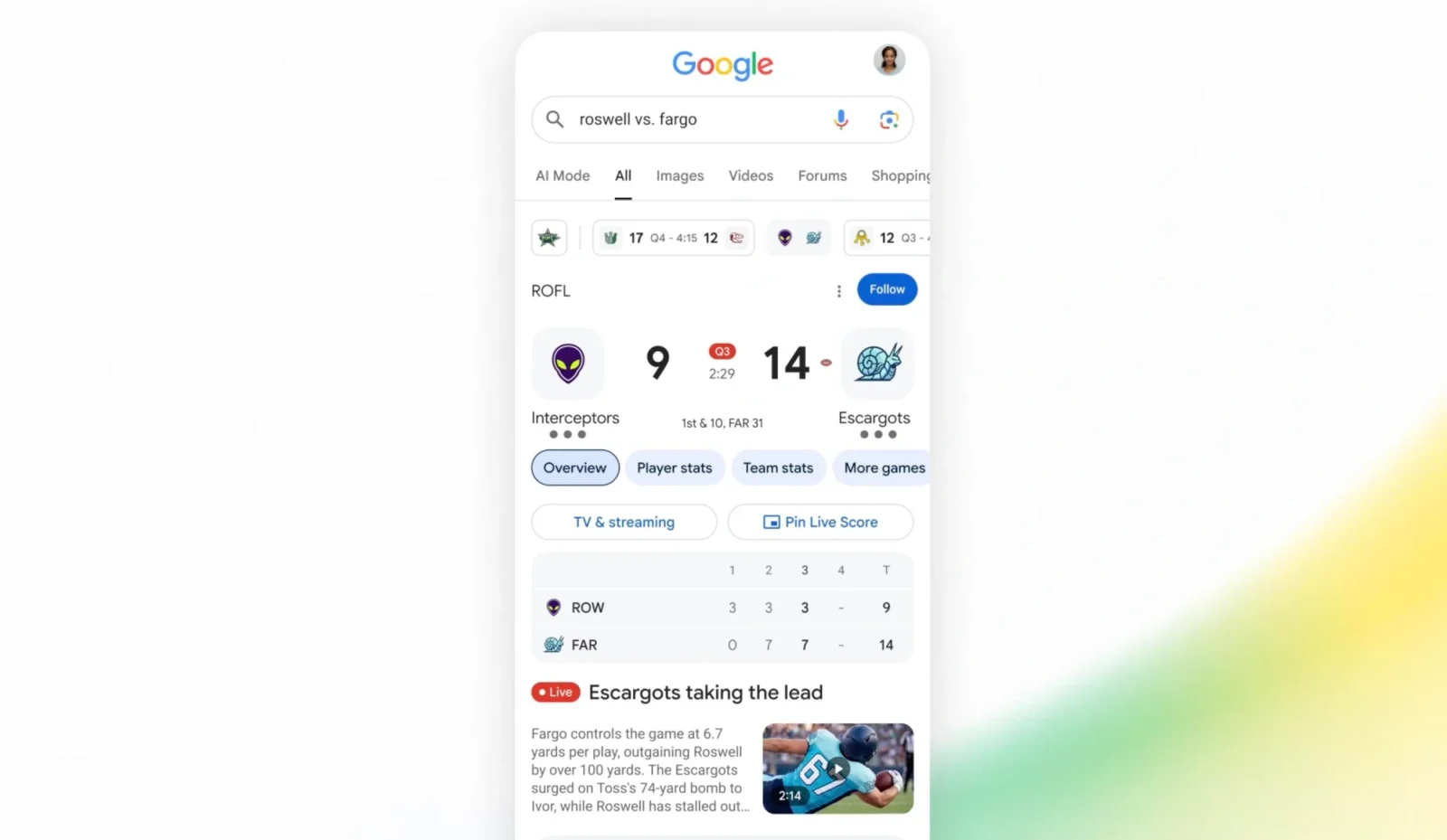 Google axtarış sistemi NFL oyunları üçün canlı yenilənmə funksiyasını istifadəyə verib